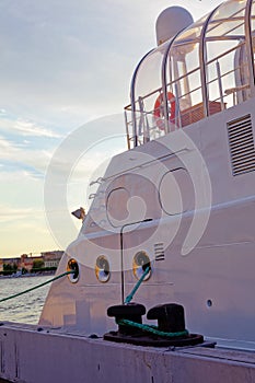 Ocean yacht on embankment. Details deck of the ship