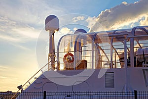 Ocean yacht on embankment. Details deck of the ship