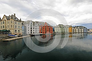 Oceanfront with colorful houses, cityscape of Alesund, Norway