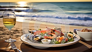 Oceanfront dining fresh seafood served with seaside ambiance.AI Generated photo