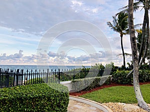 Oceanfront estate at twilight.