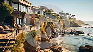 Oceanfront patios and loungers perched on a cliff with a serene sea view