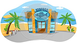 Oceanfront seafood restaurant on beach, coastline. Catering establishment in nautical style