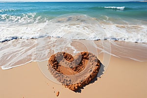 Oceanic affection Sandy heart on beach, with waves providing a scenic backdrop