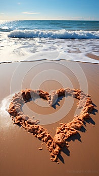 Oceanic affection Sandy heart on beach, with waves providing a scenic backdrop