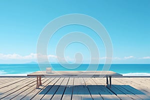 Oceanic allure Wooden table with a backdrop of the sea