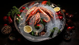 Oceanic delicacies on ice fresh fish, shellfish, crabs, octopuses, mussels, oysters, and shrimps