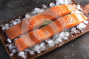 Oceanic freshness Salmon fillets portioned on ice with a pristine board