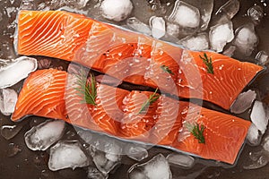 Oceanic freshness Salmon fillets portioned on ice with a pristine board