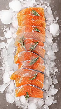 Oceanic freshness Salmon fillets portioned on ice with a pristine board