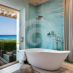 Oceanic Retreat: A spa-inspired bathroom with turquoise tiles, seashell mosaic accents, and a freestanding bathtub, creating a s