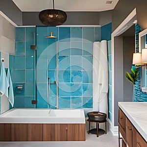 Oceanic Retreat: A spa-inspired bathroom with turquoise tiles, seashell mosaic accents, and a freestanding bathtub, creating a s