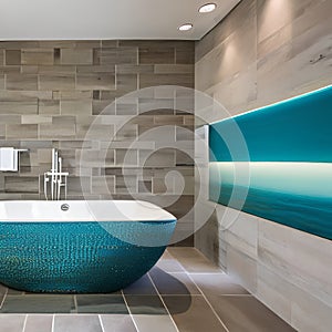 Oceanic Retreat: A spa-inspired bathroom with turquoise tiles, seashell mosaic accents, and a freestanding bathtub, creating a s