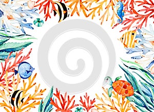 Oceanic watercolor frame border with cute turtle,seaweed,coral reef,fishes,seahorse