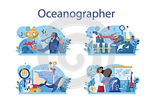 Oceanographer concept set. Oceanology scientist. Practical studying