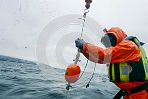 Oceanographer Deploying Weather Buoy at Sea. Generative ai