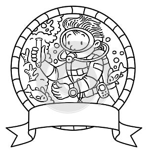 Oceanographer or diver. Coloring book or Emblem