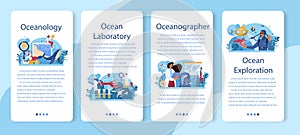 Oceanographer mobile application banner set. Oceanology scientist.