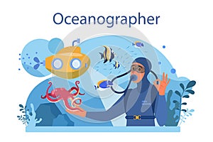 Oceanographer. Oceanology scientist. Practical studying and exploration