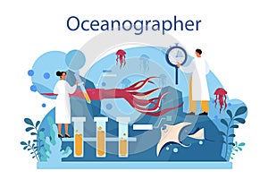 Oceanographer. Oceanology scientist. Practical studying and exploration