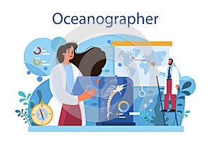 Oceanographer. Oceanology scientist. Practical studying and exploration