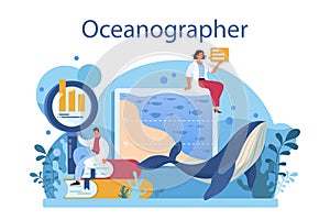 Oceanographer. Oceanology scientist. Practical studying and exploration