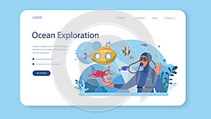 Oceanographer web banner or landing page. Oceanology scientist.