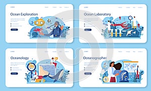 Oceanographer web banner or landing page set. Oceanology scientist.