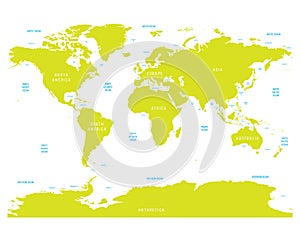 Oceanographical map of World with labels of oceans, seas, gulfs, bays and straits. Vector map with green lands and white