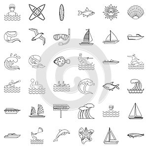 Oceanological icons set, outline style