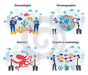 Oceanologist concept set. Oceanography scientist. Practical studying