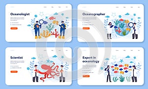 Oceanologist web banner or landing page set. Oceanography scientist.