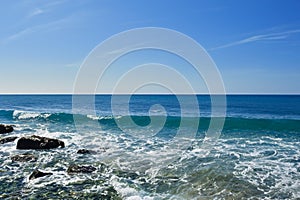 Oceans. World ocean day or World Oceans Day, 8 June. 2023. Blue ocean surface seen from underwater.