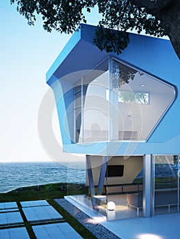 Oceanside modern architecture with an ocean view.