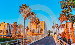 Oceanside Pier`s walkway leads to the downtown district of Oceanside, California