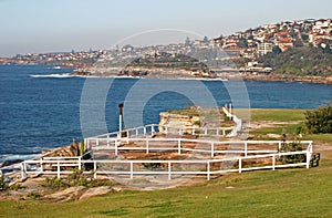 Oceanside town on hill, and picturesque and amazing landscape with grass and white wood fences on cliff by sea in Sydney Australia