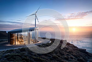 Oceanside Windmill & Sunset: Hilltop View, generative ai