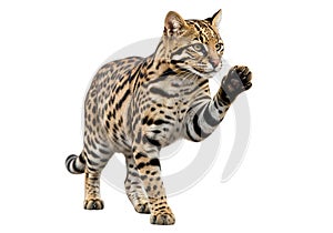 An ocelot (*Leopardus pardalis*) appears with its distinctive