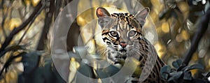 Ocelot peeking through foliage in the forest