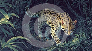 Ocelot stalking in lush, green jungle at night