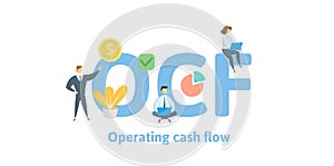 OCF, Operating Cash Flow. Concept with keywords, letters and icons. Flat vector illustration. Isolated on white