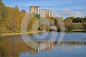 Ochakovka  river in Troparevsky park  in autumn, Moscow, Russia