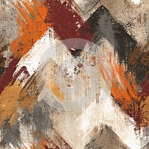 Ochre and rust freehand chevron repeat on weathered canvas - hand-painted chevron pattern with textu