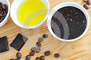 Ð¡ocoa dark chocolate, olive oil and ground coffee mask scrub. Diy cosmetics.