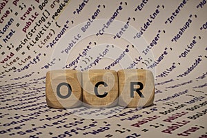 Ocr - cube with letters and words from the computer, software, internet categories, wooden cubes