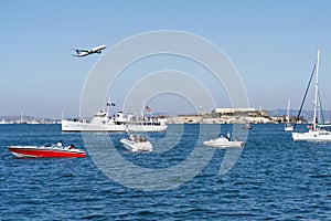 Oct 12, 2019 San Francisco / CA / USA - United Airlines aircraft flying over the bay and Alcatraz Island during the 39th Fleet