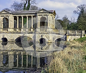 Octagon Lake and Palladian Bridge in Stowe, Buckinghamshire, UK