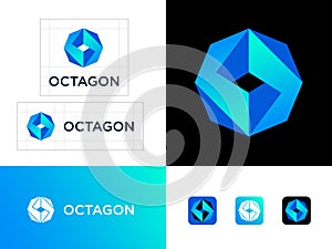 Octagon logo. Impossible shape. Blue crystal octagon. Identity. Web buttons.