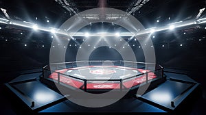 Octagon ring for MMA, boxing and mixfight classes. Sports arena and spotlights. Stadium for shows