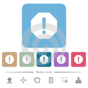 Octagon shaped error sign flat icons on color rounded square backgrounds